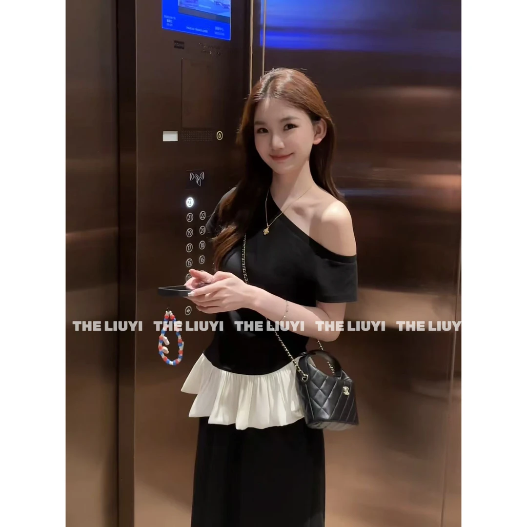 【LIUYI】女神T~气质高级感斜肩拼接荷叶花边设计感T恤56188