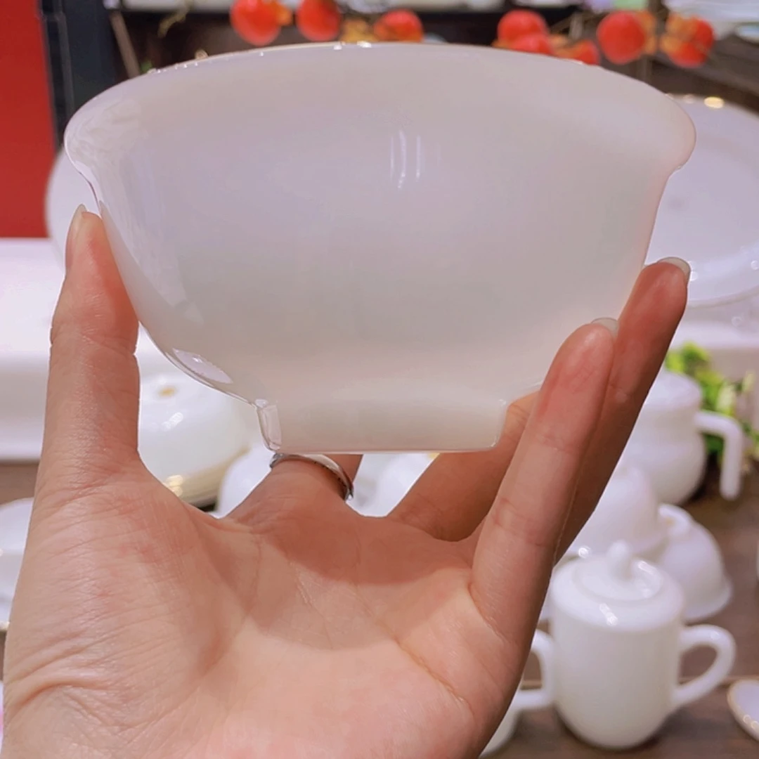 瓷纯白描金玉瓷单拍米饭碗