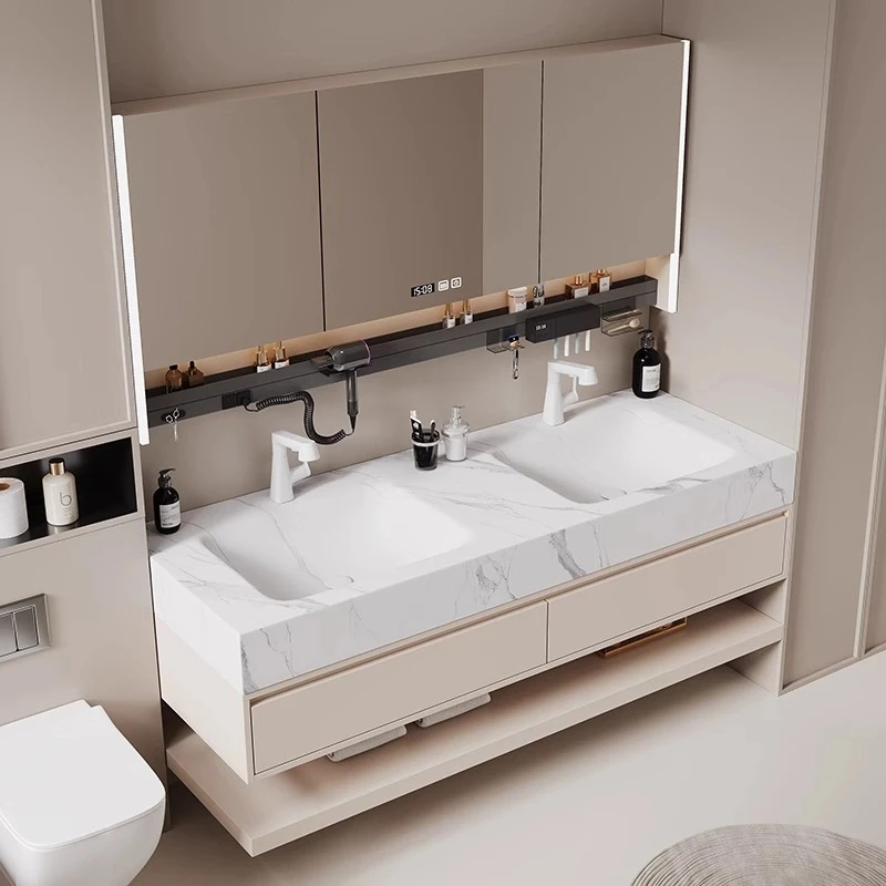 岩板热弯双盆无缝一体盆浴室柜组酒店风防水防潮洗漱台卫生间洗脸