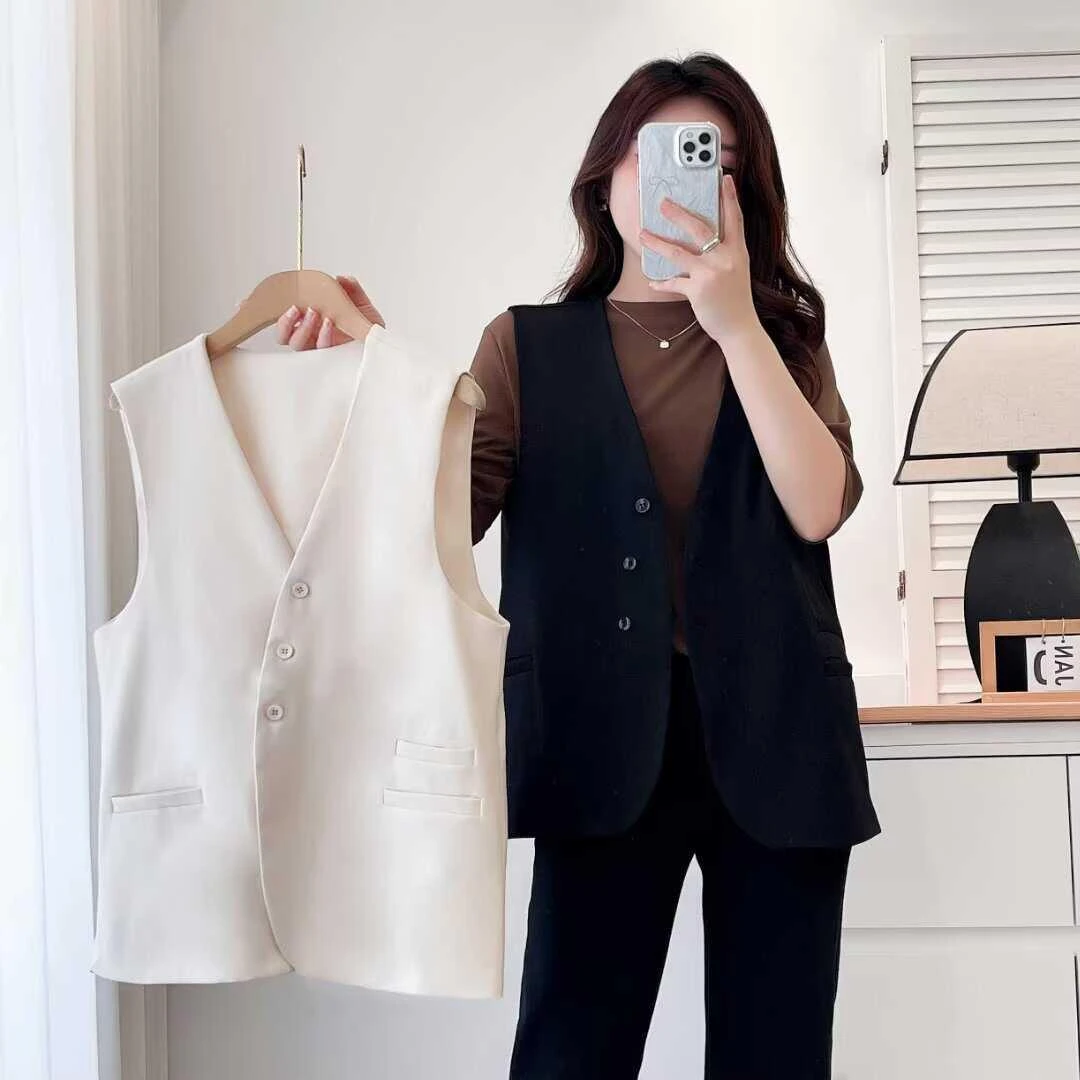 米色西装马甲外套女大码新款春秋韩版气质三粒扣坎肩西服马夹背心