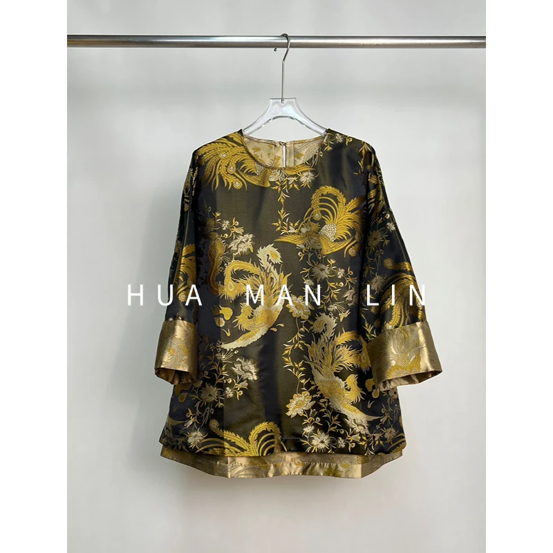 【花满林】‘丹凤朝阳’圆领后扣前短后长真丝桑蚕丝上衣259948