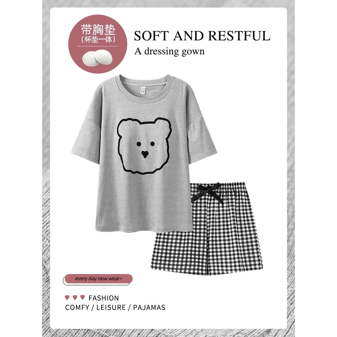 带胸垫青少年大童女孩初中学生夏季天莫代尔可爱小熊凉感短袖睡衣