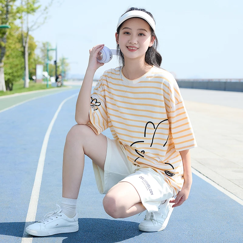 初中生短袖短裤女套装夏装2025新款少女卡通青少年高中学生两件套