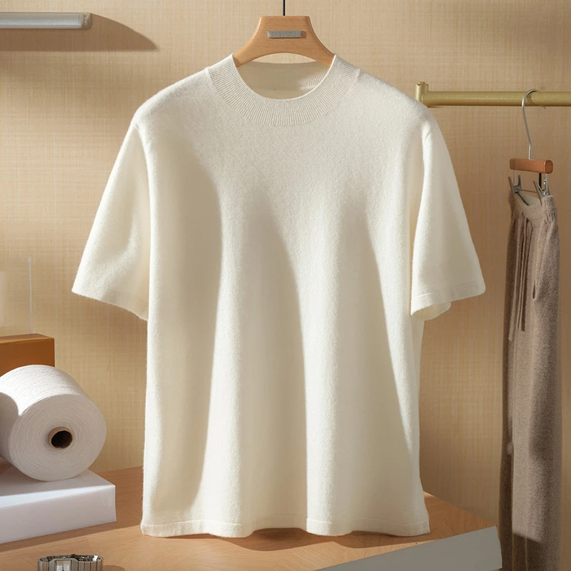 【不议价】新款男士100纯山羊绒半高领短袖简约平面舒适百搭针织T恤