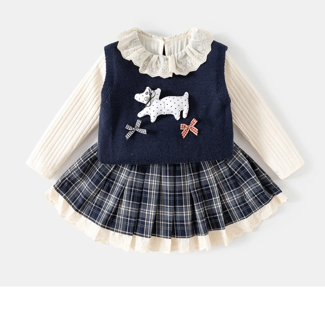女童套装秋装儿童洋气时髦衣服宝宝学院风公主裙三件套春秋