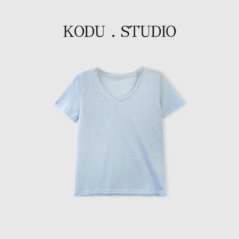 I【刻度KODU】MR-5488夏季新品舒适透气轻薄百搭纯色V领卷边短袖T恤