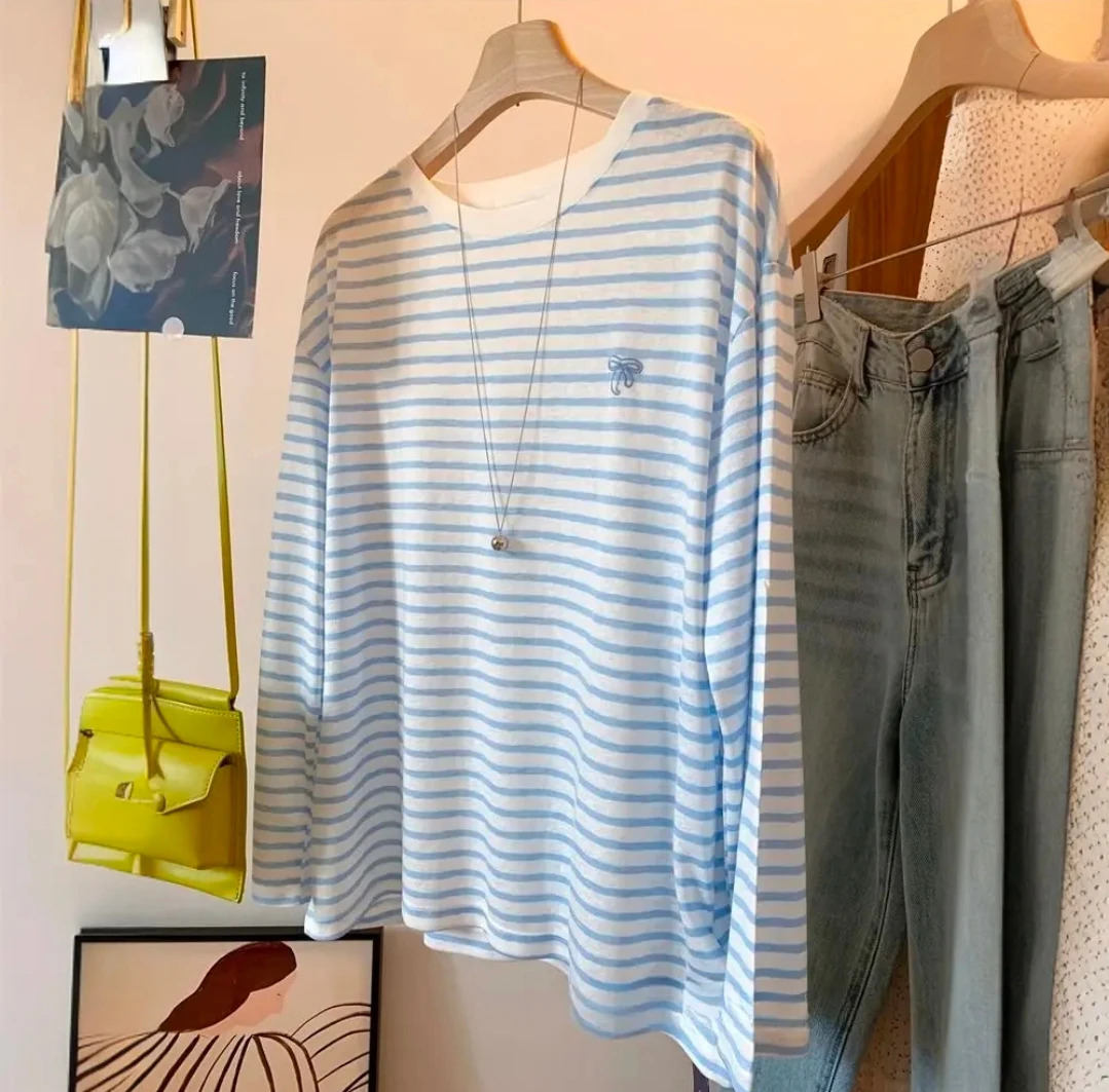 法式时尚撞色条纹圆领薄款长袖防晒打底罩衫2025流行大码女装t恤