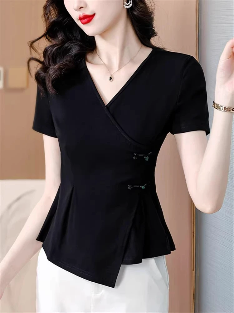 黑色短袖T恤女2025新款夏季时尚收腰洋气小衫新中式盘扣国风上衣