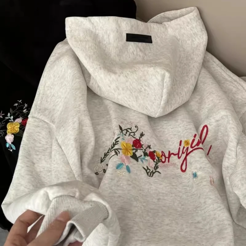 美式高街重磅刺绣连帽卫衣女秋冬2025新款oversize宽松潮牌帽衫男