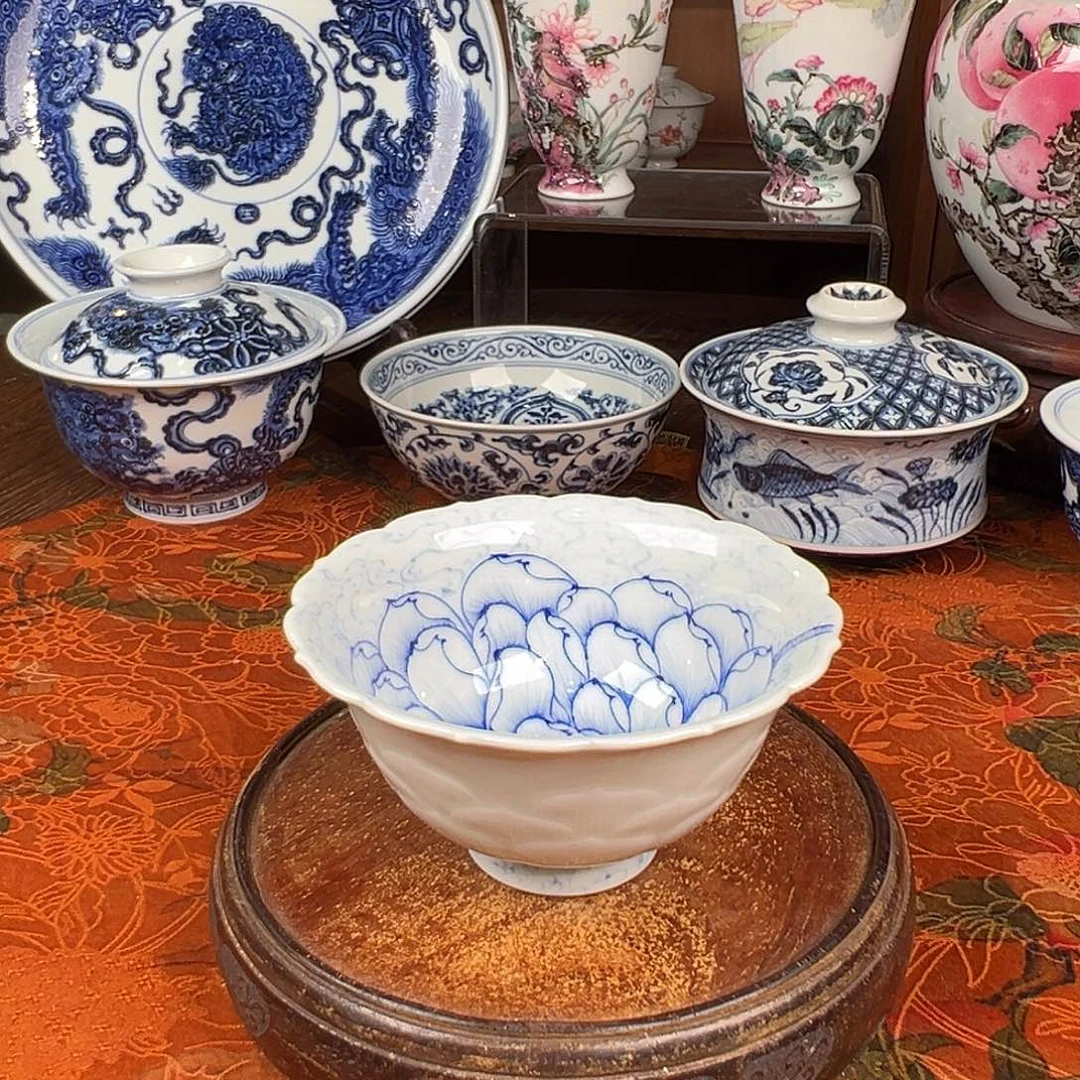 杯子瓷青樵轩雕刻花开灿烂主人杯