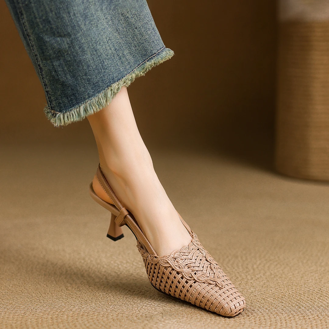 小个子手工女鞋7.2cm~包头时装凉鞋超纤编织凉鞋女款2025新款爆款