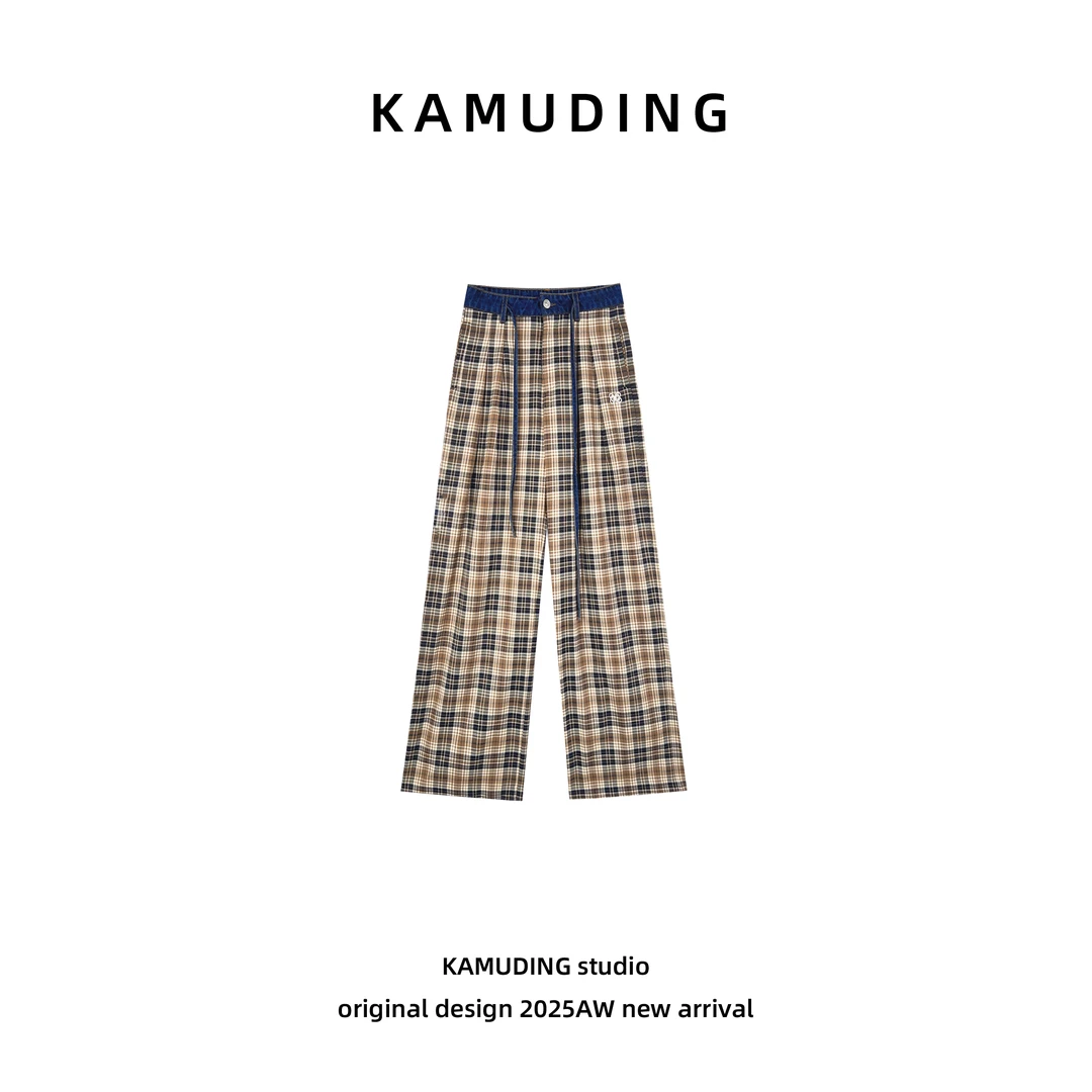 KAMUDING2025新款Y59时尚潮流咖色高腰抽绳格纹阔腿裤25272