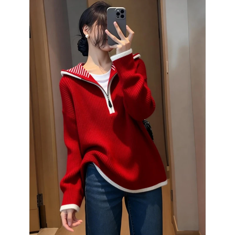 潮流时尚百搭气质显瘦显白款红色上衣女2025冬翻领半拉链新年毛衣