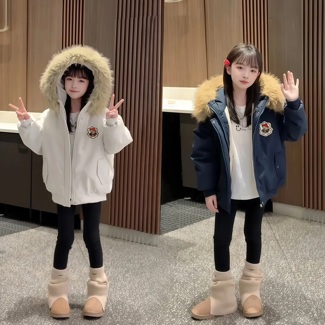 女童加绒派克服2025新款女大童超好看加厚外套冬季儿童大毛领棉服
