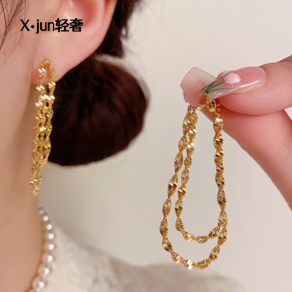 铜合金耳饰 小众气质时尚简约金属链条前后戴耳坠轻奢长款耳环