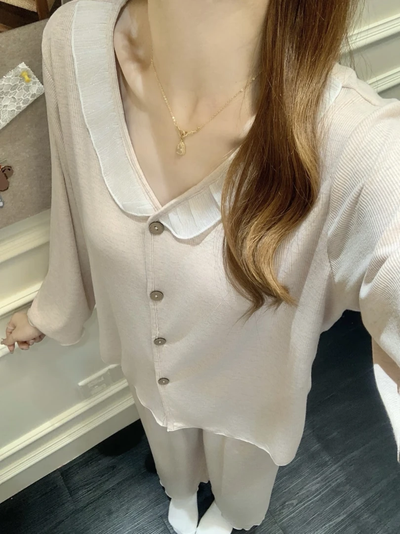 【带胸垫】法式温柔春秋季睡衣女可外穿彩棉螺纹长袖长裤家居服套装