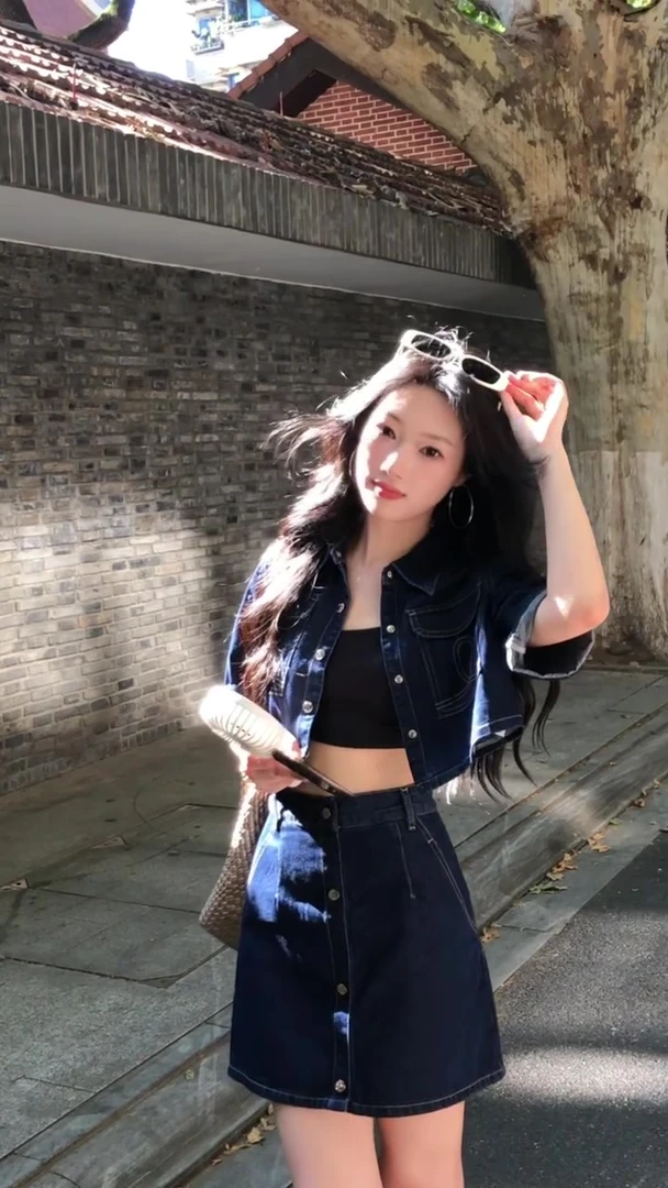 夏季新款纯欲慵懒风女装复古设计感短款外套休闲a字短裙牛仔套装