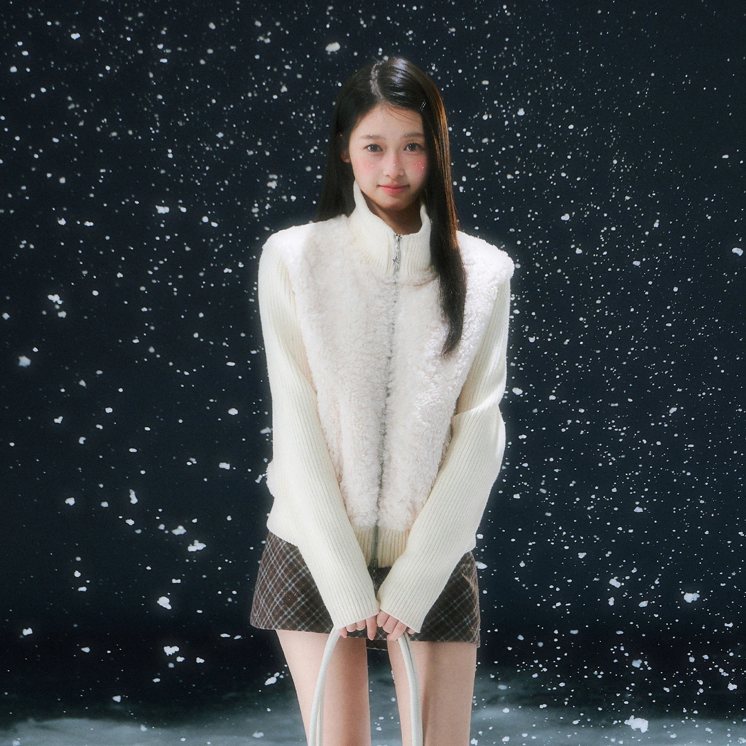 WEEKEND HUB韩系毛毛拼接针织外套2025冬小个子假两件上衣不臃肿