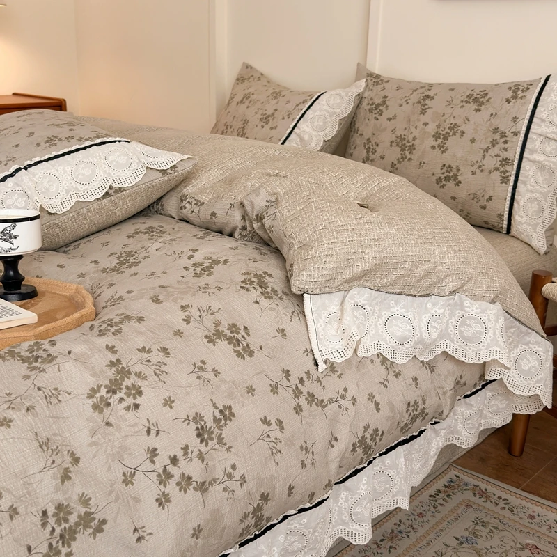 水洗亚麻法式蕾丝花边四件套804