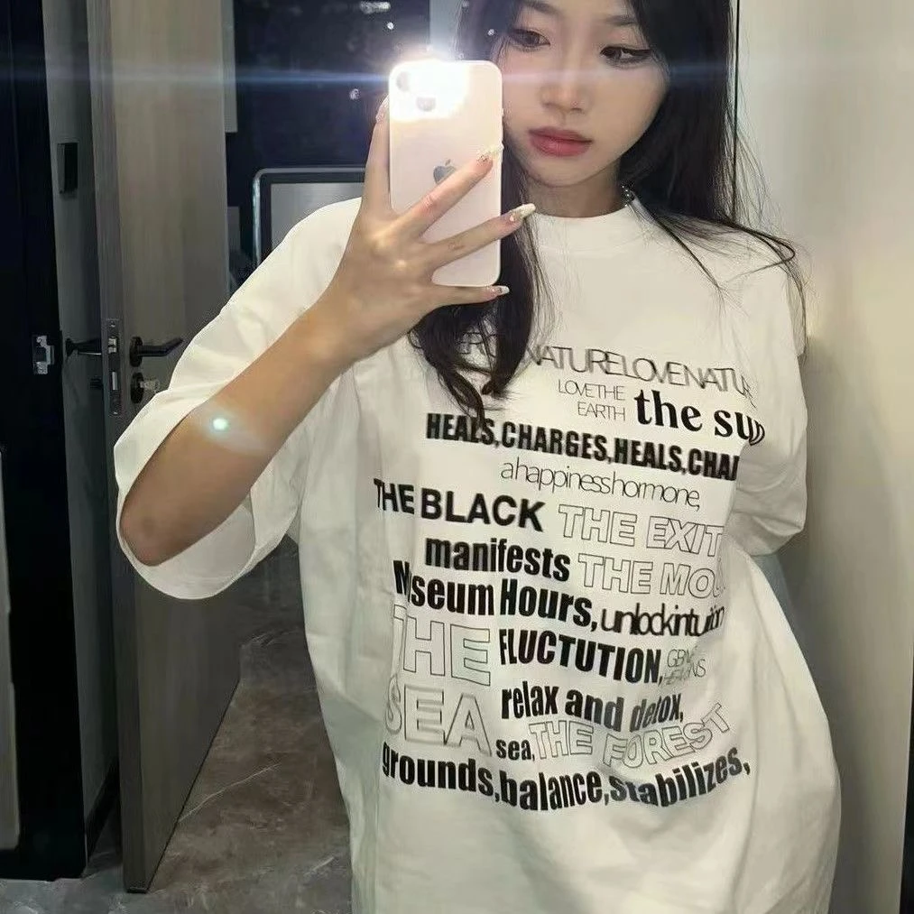 100%纯棉潮牌女美式夏季设计感短袖t恤圆领潮流ins设计感韩版百搭