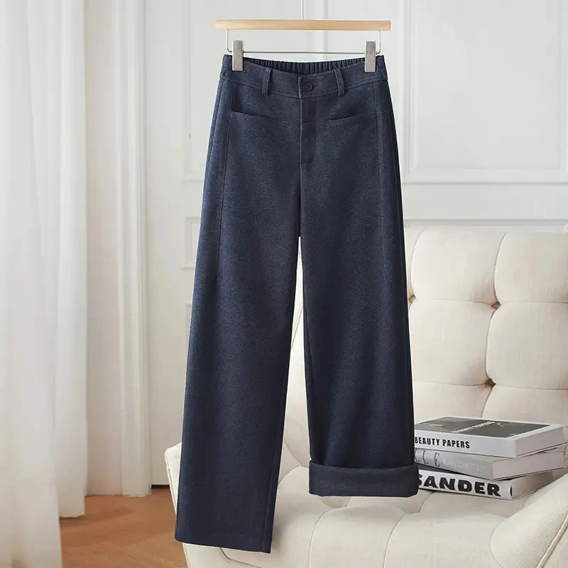 澳洲羊 绒蚕 丝镰刀裤磨毛秋冬新款宽松高腰显瘦直筒弯刀裤Y7586