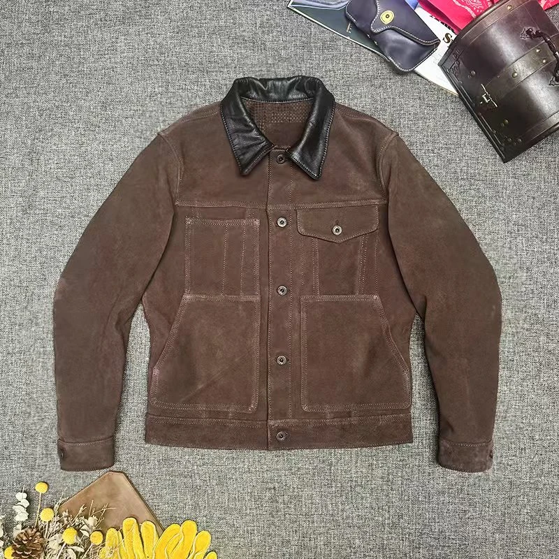 （真皮制品默认微瑕，介意慎拍）新款美式复古反绒牛皮工装真皮皮衣
