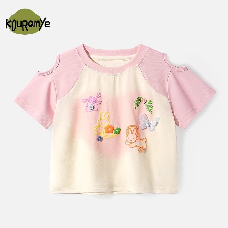 酷娃米2025年夏季新款中小女童百搭甜心小兔纽扣露肩上衣20788