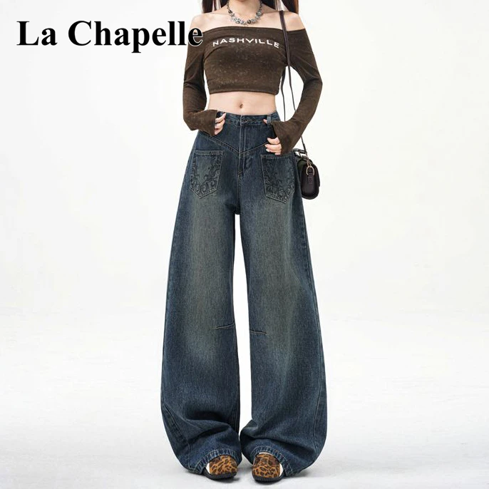 拉夏贝尔复古怀旧辣妹风高街弯刀阔腿裤女秋冬高腰显瘦直筒牛仔裤
