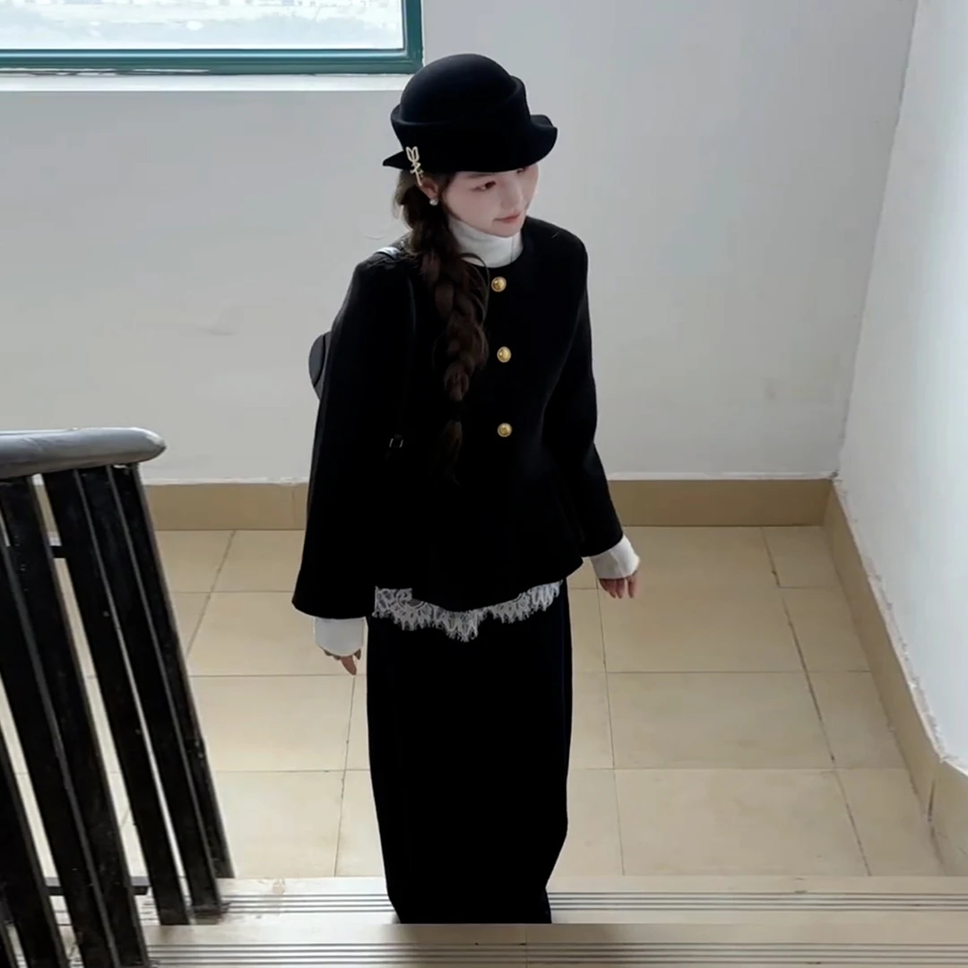 小个子香风黑色毛呢套装女秋冬季2025新款韩系气质一整套ootd穿搭
