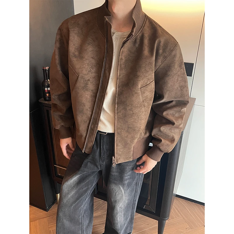 cleanfit外套男秋季美式复古立领大理石纹夹克设计感飞行员皮衣