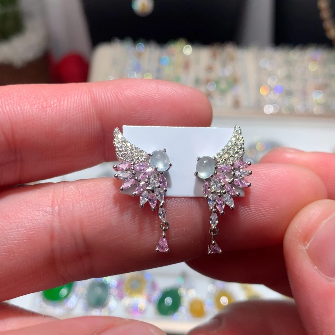 翡翠颈饰银S925镶嵌天然翡翠耳钉