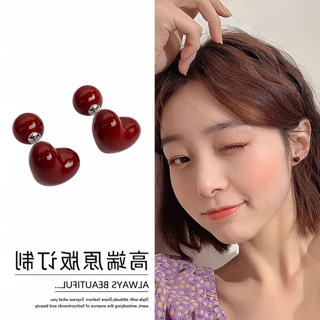 铜合金锆石耳饰 小众设计感 轻奢时尚 百搭可爱 气质甜美 红色耳