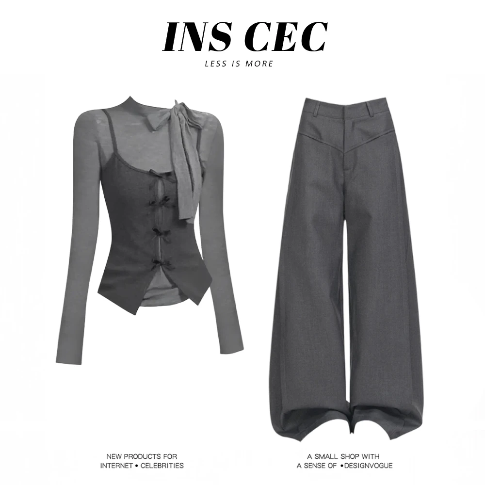 INS CEC韩系轻熟风蝴蝶结灰色假两件吊带长袖上衣休闲裤两件套装