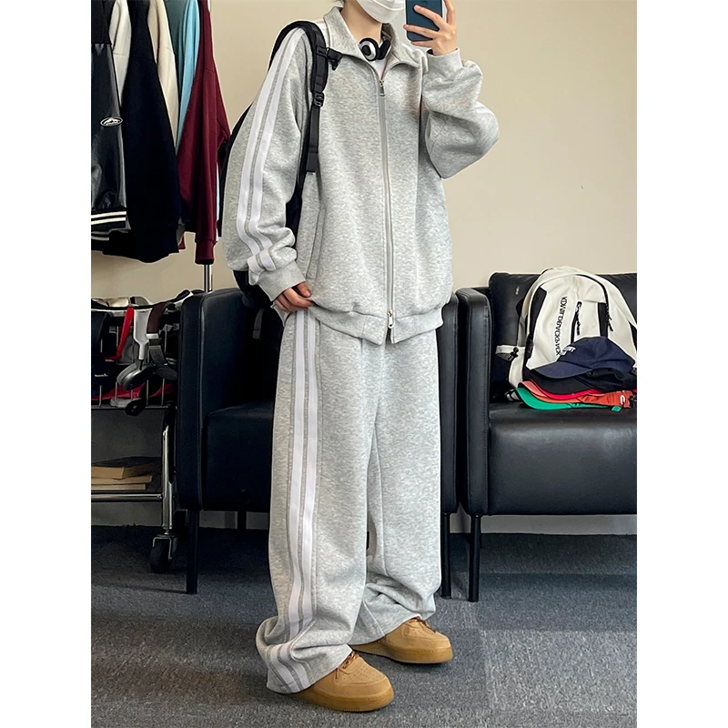 美式条纹拼接休闲运动套装男春季青少年潮牌宽松卫衣卫裤两件套