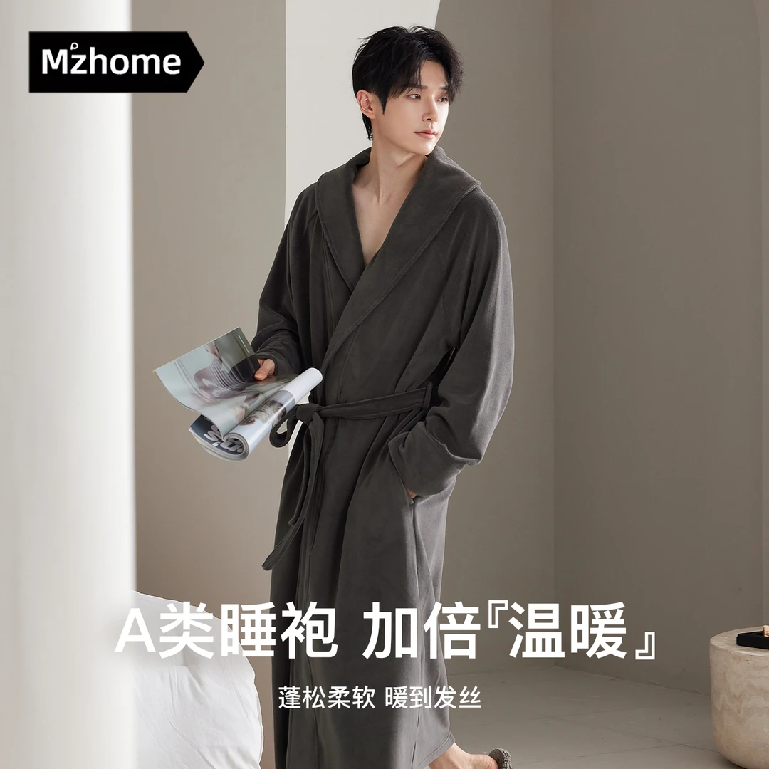 睡袍男士秋冬款摇粒绒睡衣浴袍家居服加绒加厚情侣长款保暖冬天