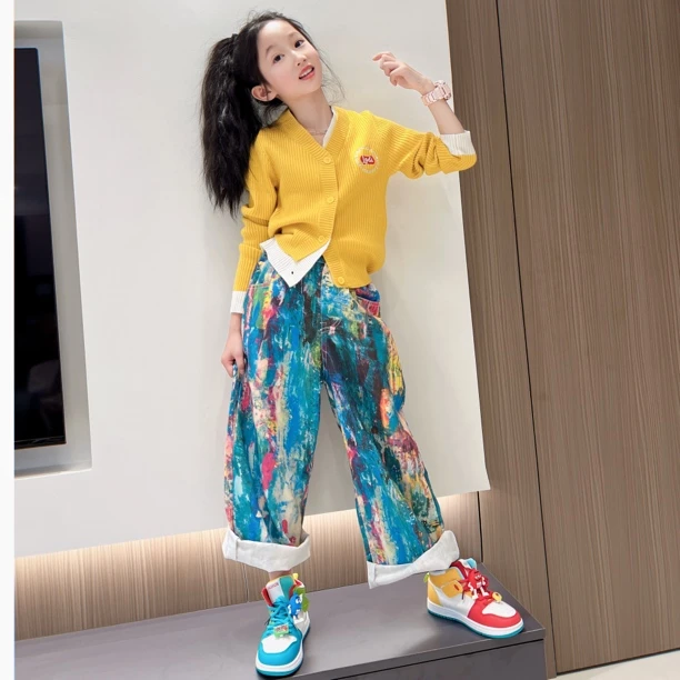 女童春款毛衣开衫针织衫儿童假两件春装大童春秋款休闲韩版涂鸦裤