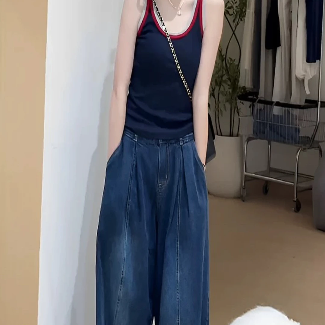 新款撞色拼接吊带背心女韩版时尚修身百搭外穿上衣带胸垫