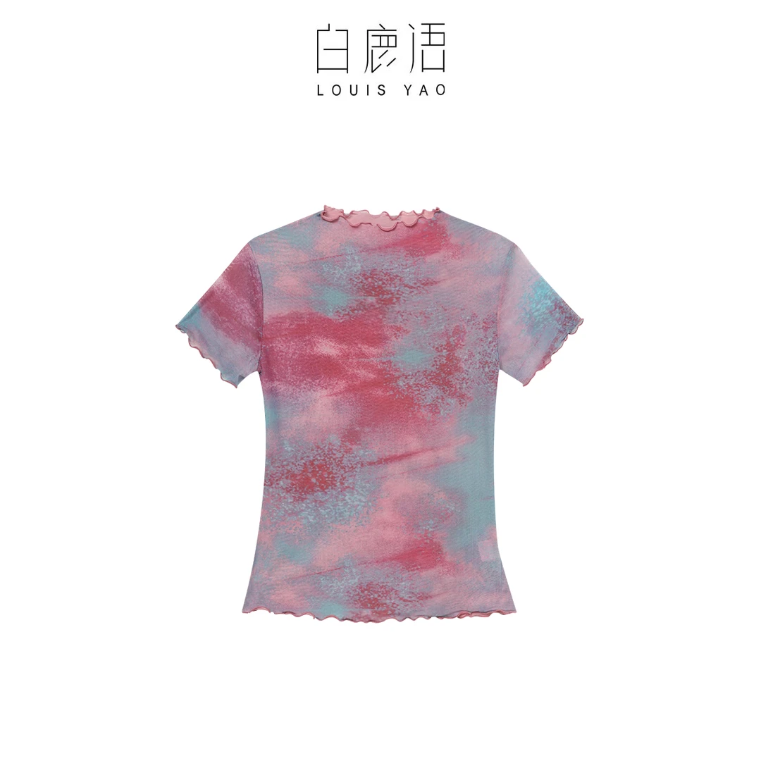 【商场同款新品】白鹿语夏修身显瘦木耳边印花短袖T恤女YU20271