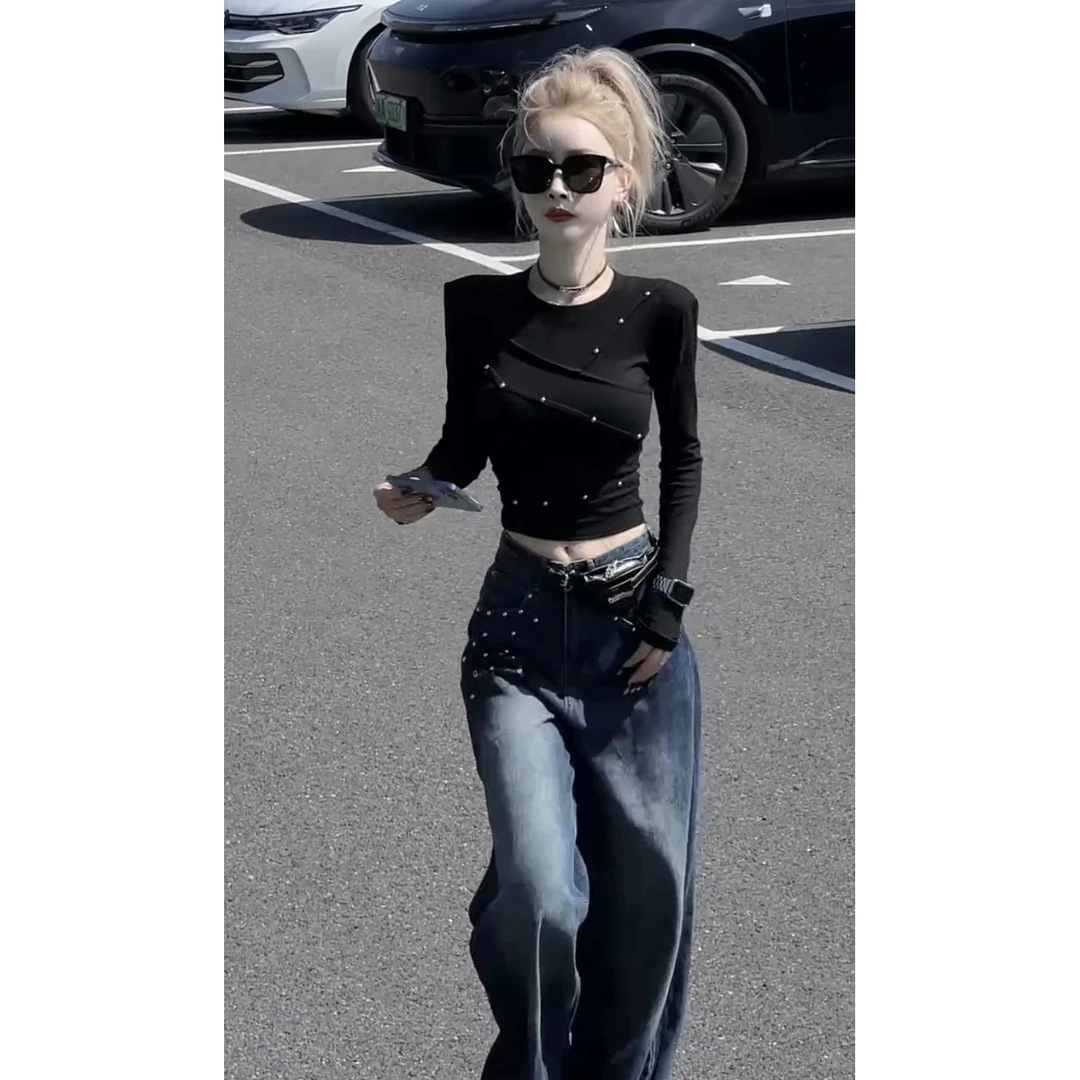 美式酷辣铆钉明线设计圆领长袖打底衫女秋性感修身收腰短款上衣潮