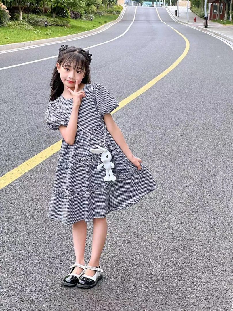 女童长裙韩版蓬蓬裙童装女夏季连衣裙短袖公主裙格子女孩学院风裙