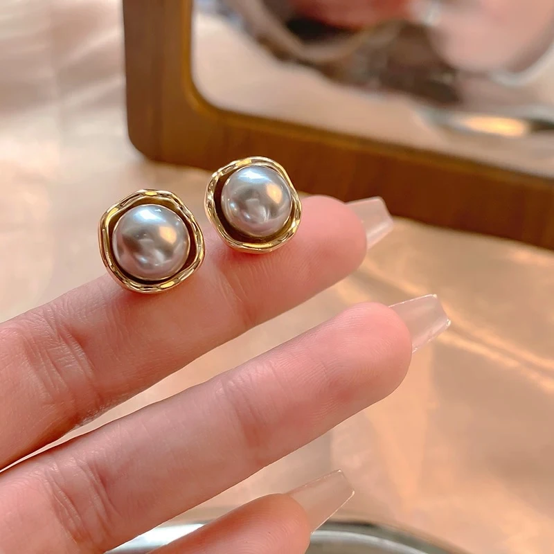 钛钢仿珍珠耳饰 日韩女灰色耳环轻奢百搭素款气质饰品优雅1412