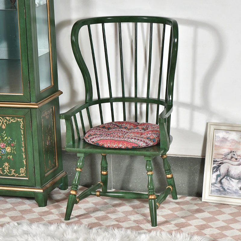 美式乡村实木餐椅法式祖母绿休闲椅复古做旧镂空靠背椅简约主人椅