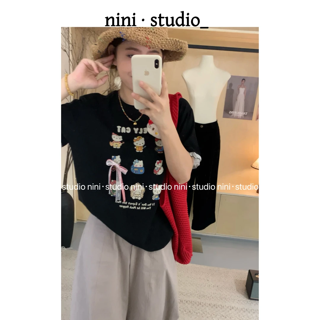 nini· kiki立体小猫猫公仔韩系ins风重工短袖T恤
