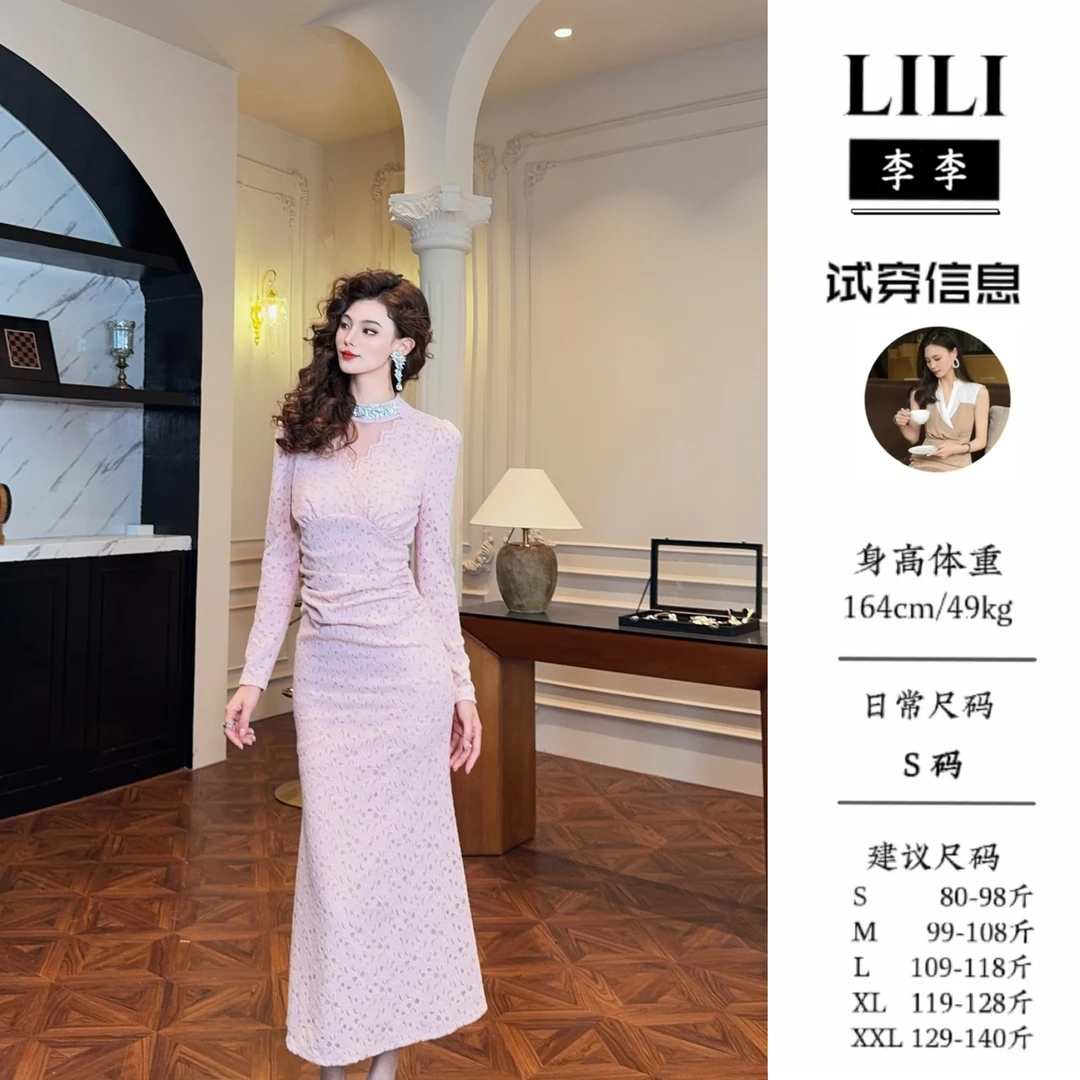 【李李原创】意式纯色冬季修身连衣裙蕾丝名媛旗袍气质优雅45075