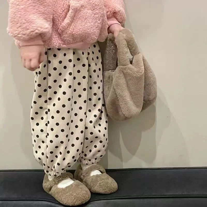 女宝加绒裤子秋冬款童装长裤保暖百搭风可爱波点花边裤加厚休闲裤