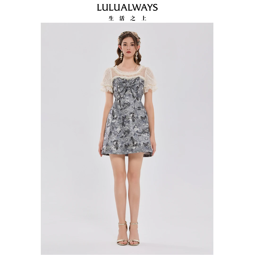 【宠粉专属】LULUALWAYS25夏季港风设计蕾丝落肩袖连衣裙