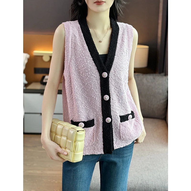 左左家 Ch*nel元纱定染粉色~小香风撞色V领羊毛针织马甲开衫外套