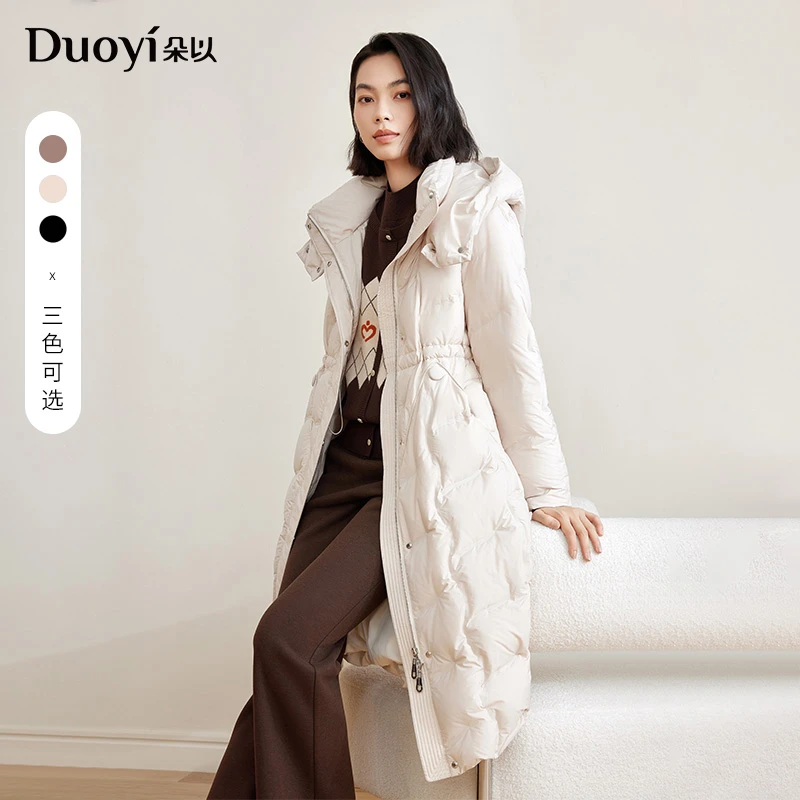 朵以2025冬季新款百搭保暖连帽收腰显瘦中长款羽绒服39DD930108