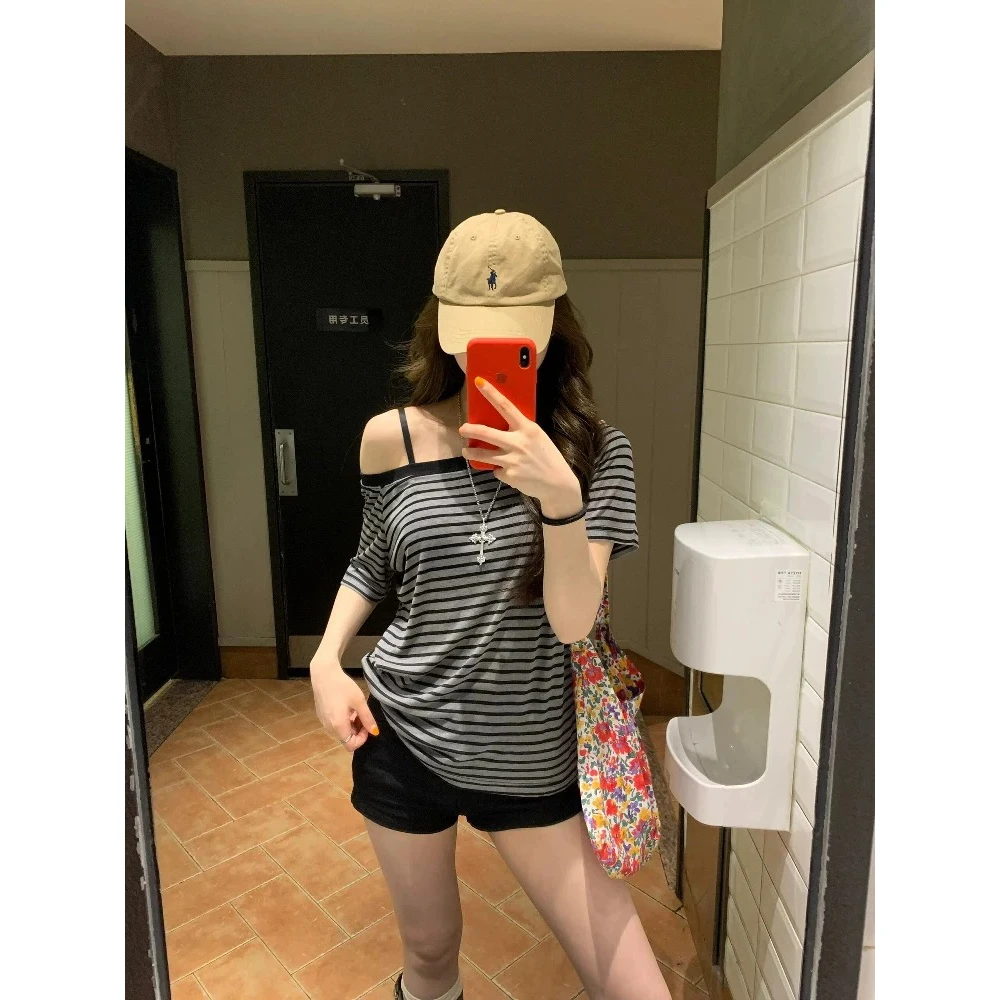 【运补6米】韩系灰色条纹斜露肩短袖t恤女夏季松弛感慵懒风宽松上衣