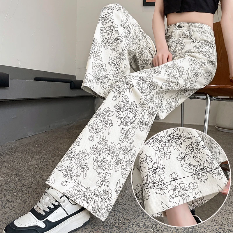 国潮数码印花牛仔裤女2025夏季薄款水墨画花纹窄拖地裤直筒阔腿版